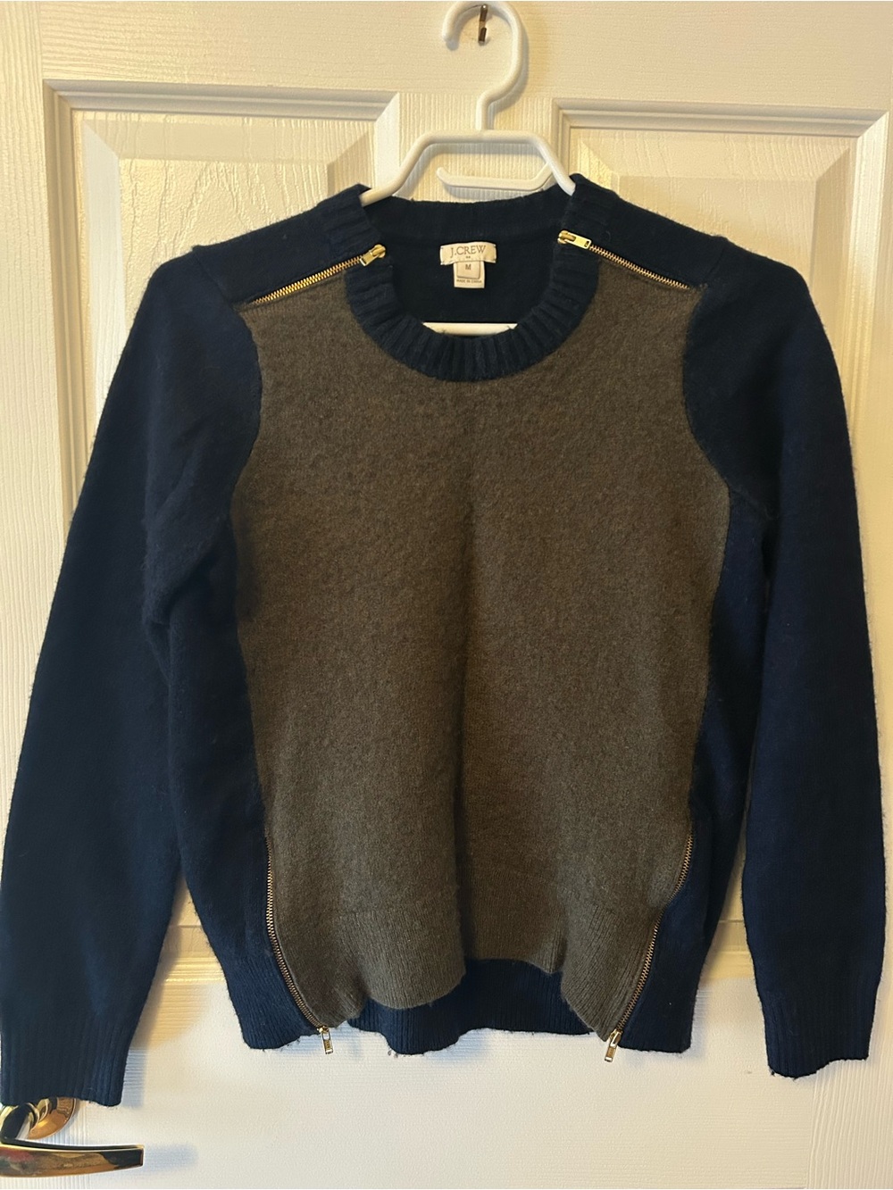 J. Crew Navy and Gray Crewneck Sweater with Gold Zippers